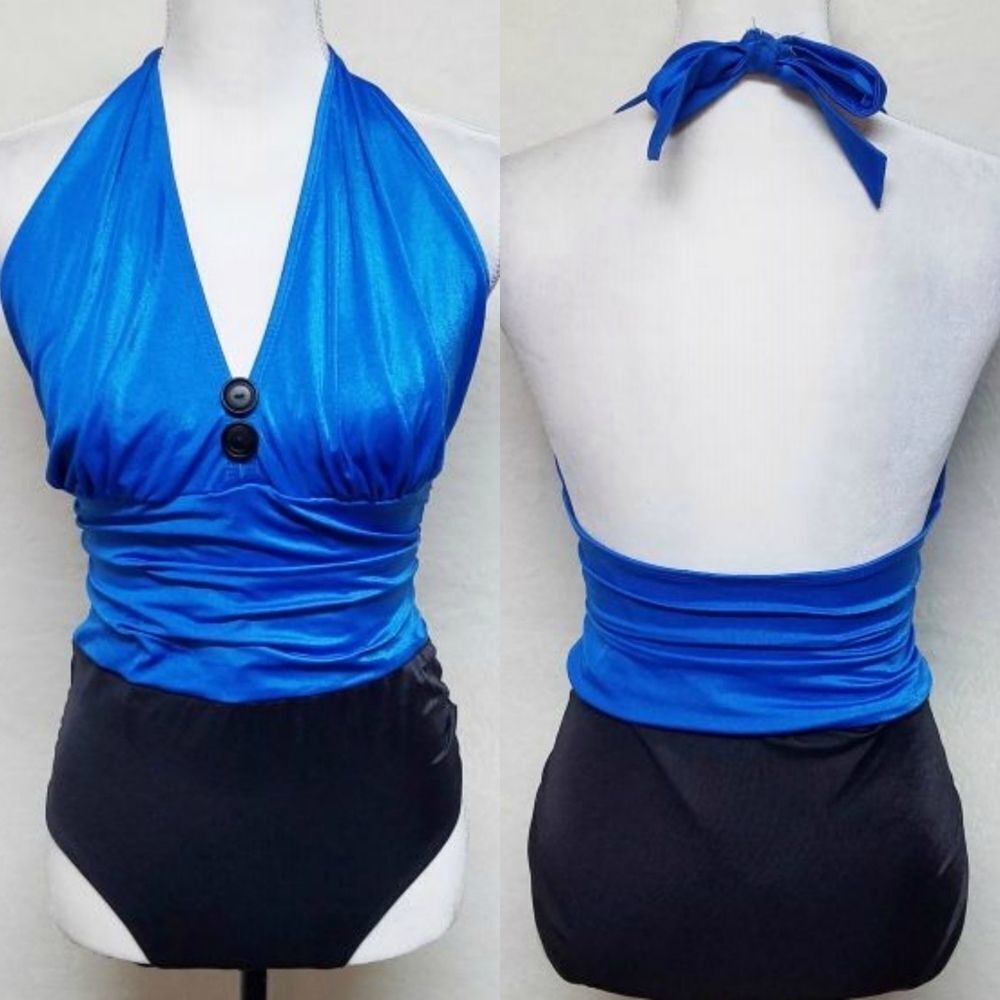 VINTAGE 80s Sunbird Blue Pleated Halter Swimsuit